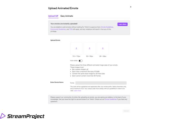 Anweisungen mit Bildern zum Hochladen von Twitch-Emotes