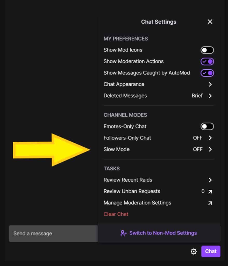 Twitch Mod Befehle /subscribers und /slow im Chat aktiviert