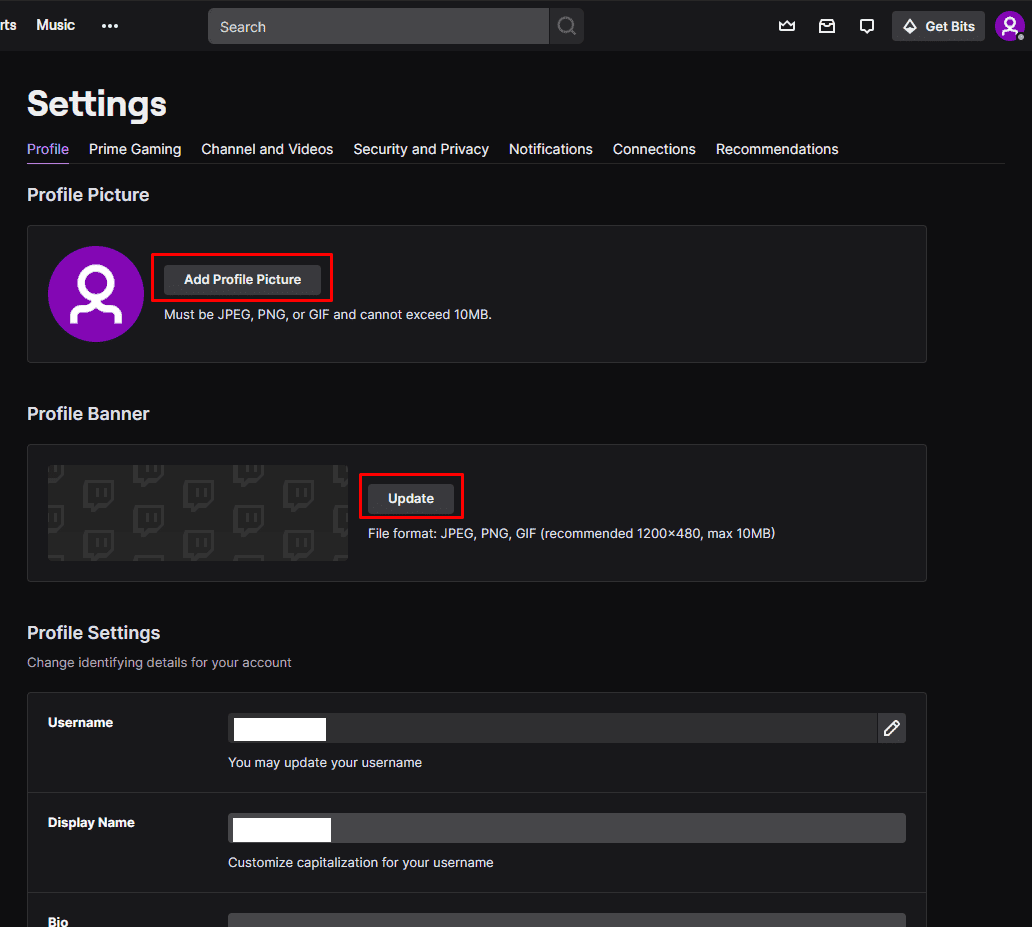 Profileinstellungen von Twitch.tv